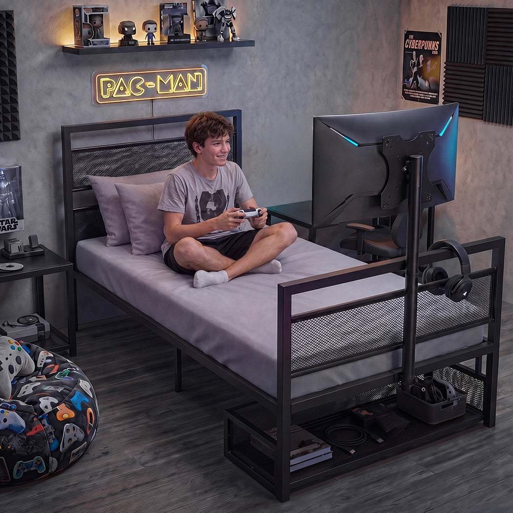 Levede Gaming Bed Frame Rotating TV Mount Storage Metal Single Bed 32in Bedroom