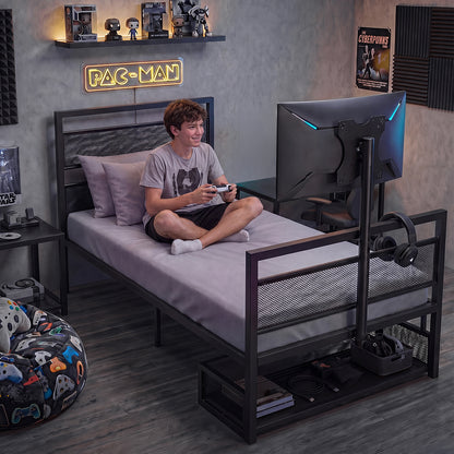 Levede Gaming Bed Frame Rotating TV Mount Storage Metal Single Bed 32in Bedroom