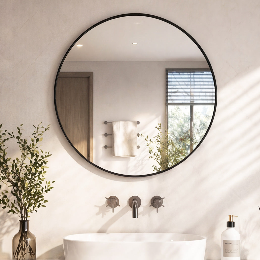 60cm Round Wall Mirror Black Frame Bathroom | HomeAndLiving