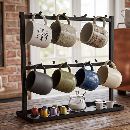 Mug Rack 2 Tier 16 Hook Metal Coffee Cup Holder Stand Organizer Kitchen