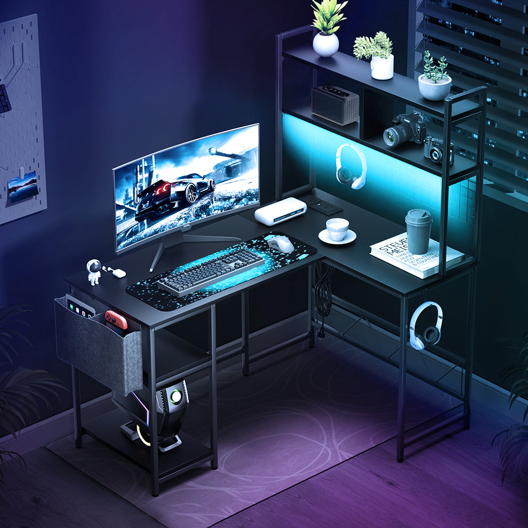Modern L Shaped Gaming Desk with LED Lights Black  Multipurpose Use