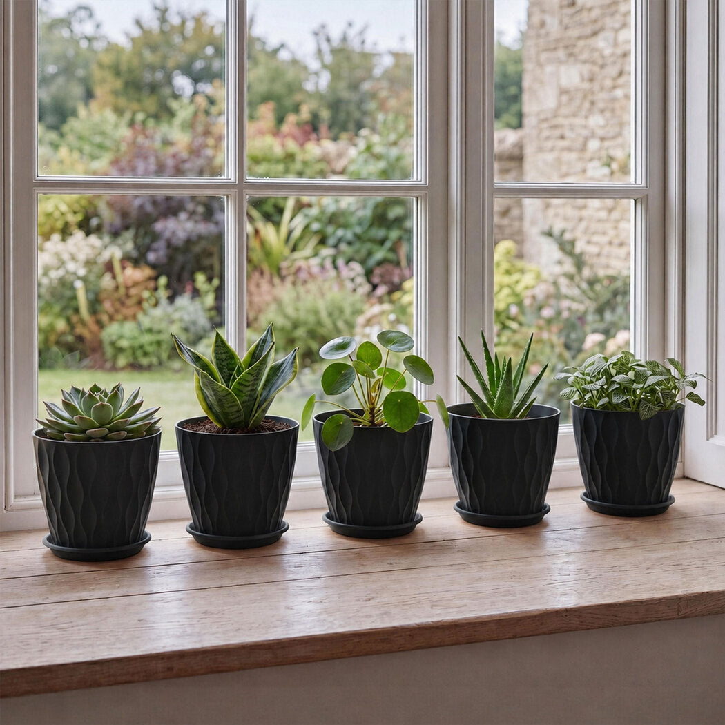 Toque Plant Pots 5 Pcs 8 Inchs Plastic Planter Pots with Drainage Saucers Black