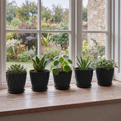 Toque Plant Pots 5 Pcs 8 Inchs Plastic Planter Pots with Drainage Saucers Black