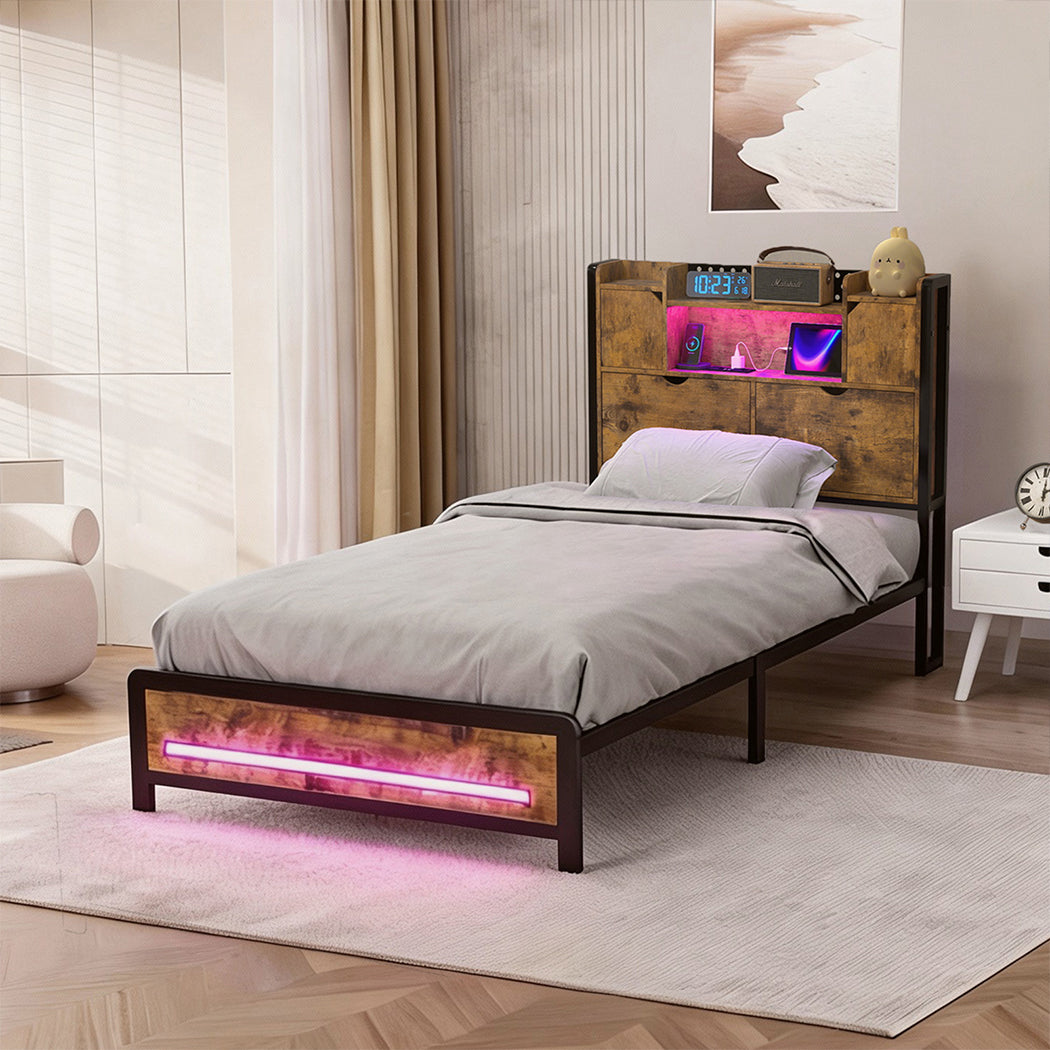Single Bed Frame Storage Headboard Industrial 209x92x109cm