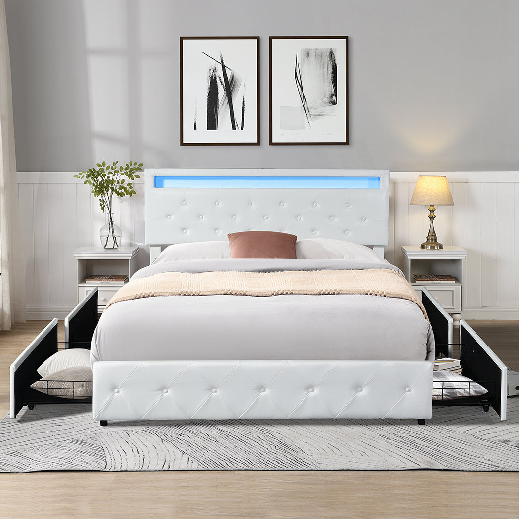 Functional Double Bed Frame RGB LED PU 4 Drawer USB  Premium Quality