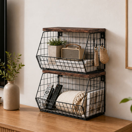 Toque Fruit Snack Storage Basket 2PCS Stackable Wall Mounted Kitchen Wood Lid - 7
