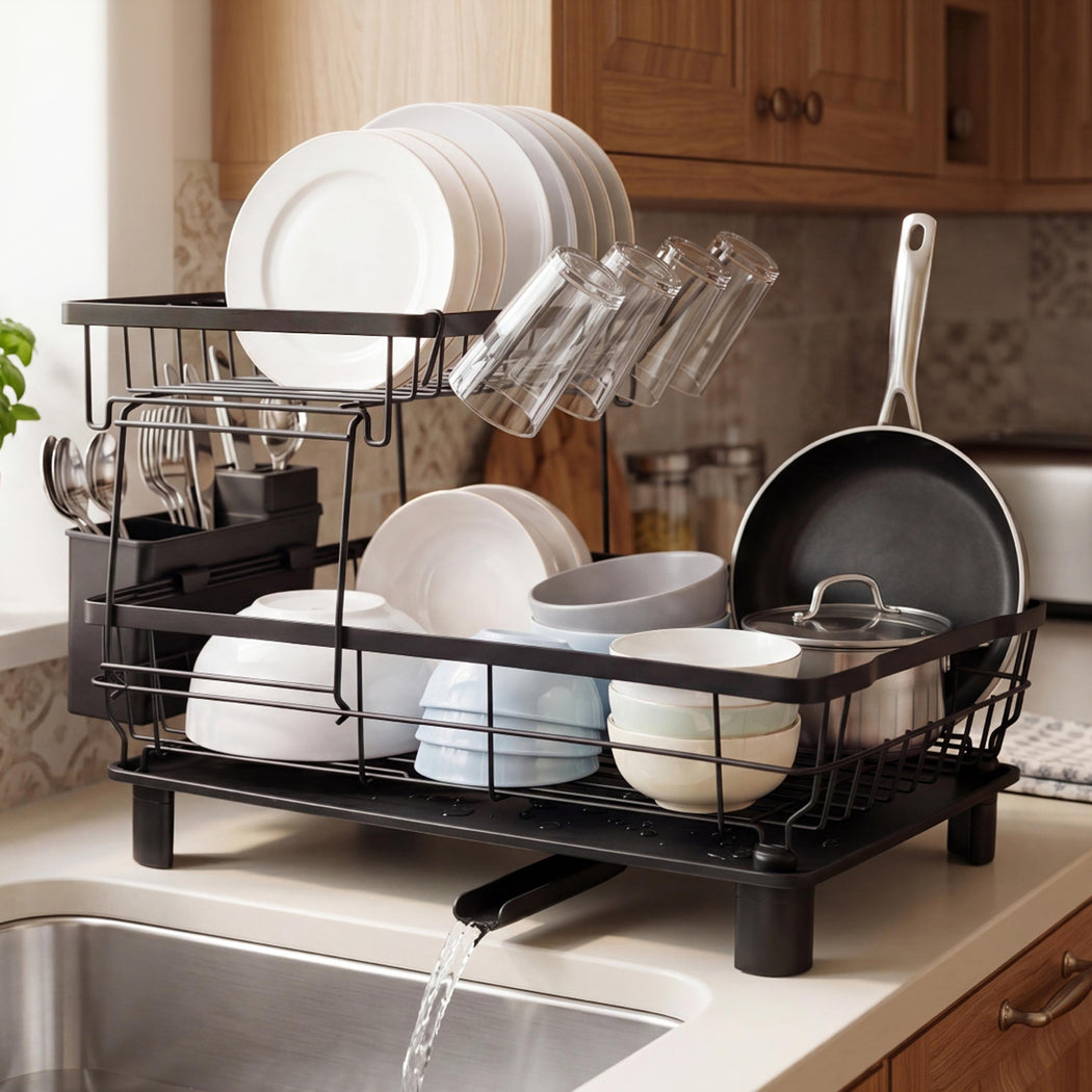 2 Tier Dish Drying Rack Black 360° Drain | HomeAndLiving