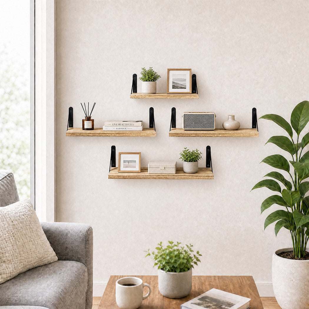 Floating Wall Shelves Rustic Wood Set 4 | HomeAndLiving