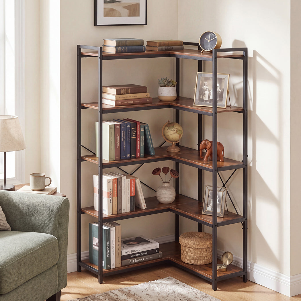 Levede Corner Bookshelf 5 Tier Bookcase L Shape Storage Shelf Display Rack Brown