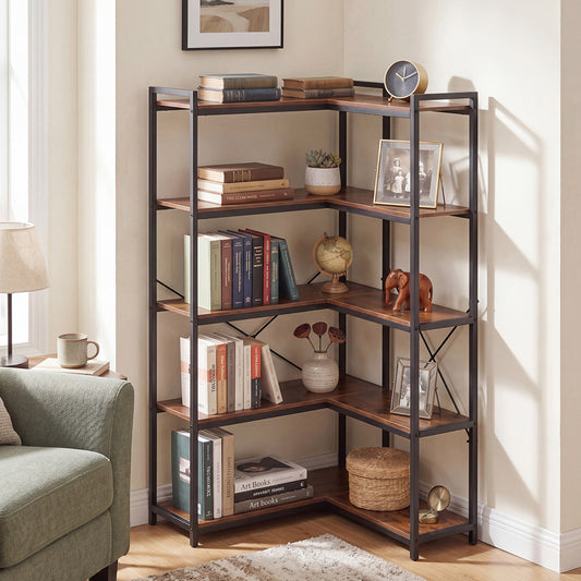Corner Bookshelf 5 Tier Bookcase L Shape Storage Shelf Display Rack Brown