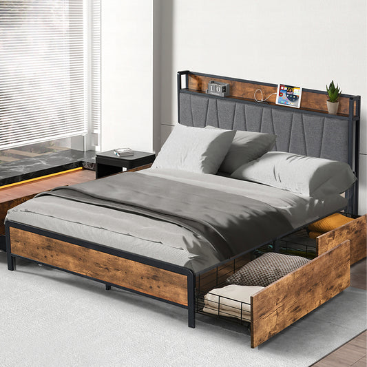 Minimalist Queen Bed Frame Soft Storage Drawers Headboard USB Charge