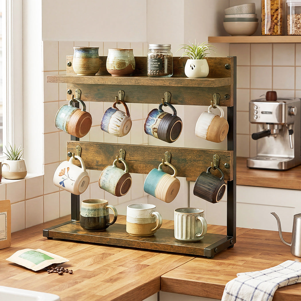 Levede Mug Holder Stand Industrial 2 Tier Countertop Mug Tree Organizer 8 Hooks