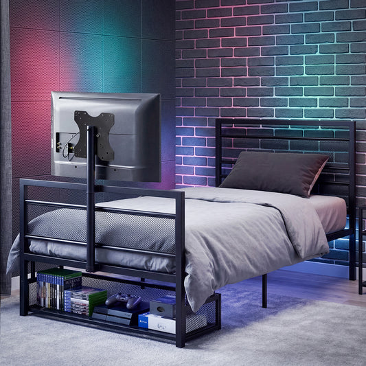 Gaming Bed Frame Rotating TV Mount Storage Metal Single Bed 32in Bedroom