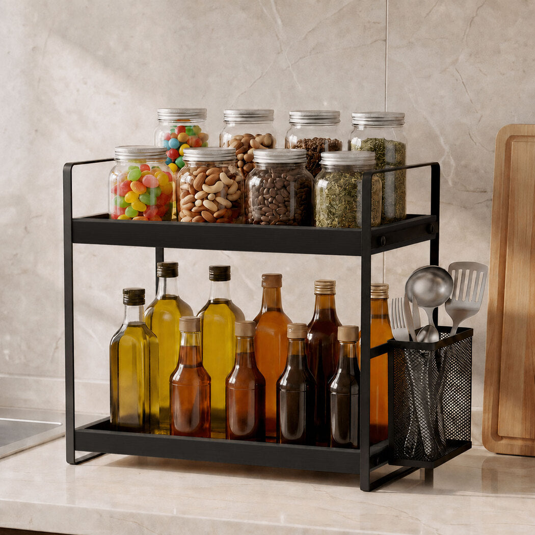 Levede 2 Tier Countertop Organiser Classic Storage Rack Bathroom Kitchen Black