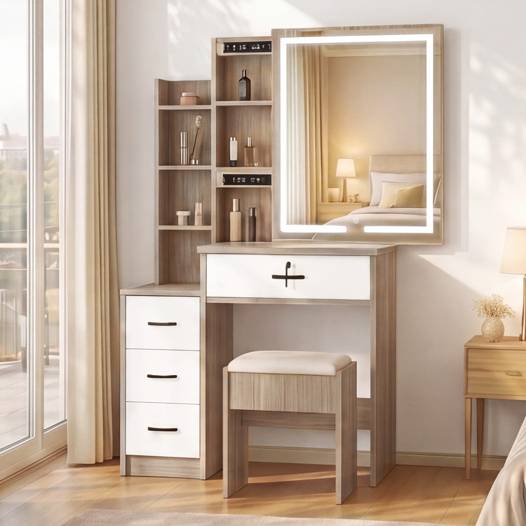 Levede Dressing Table Vanity Stool Set Sliding LED Mirror Makeup Storage Shelves Natural