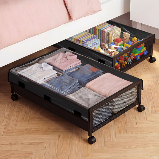 2Pcs Under Bed Storage Box Wheels Clothes Organizer Dustproof 48L