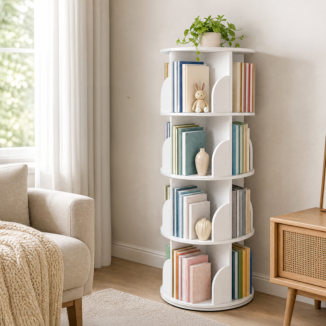 Rotating Bookshelf 4 Tier White 46x46x127cm