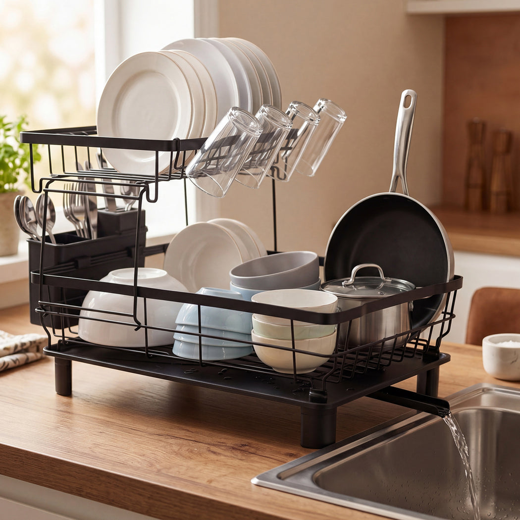 2 Tier Dish Drying Rack Black 360° Drain | HomeAndLiving - 8