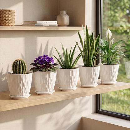 Toque Plant Pots 5 Pcs 8 Inchs Plastic Planter Pots with Drainage Saucers White