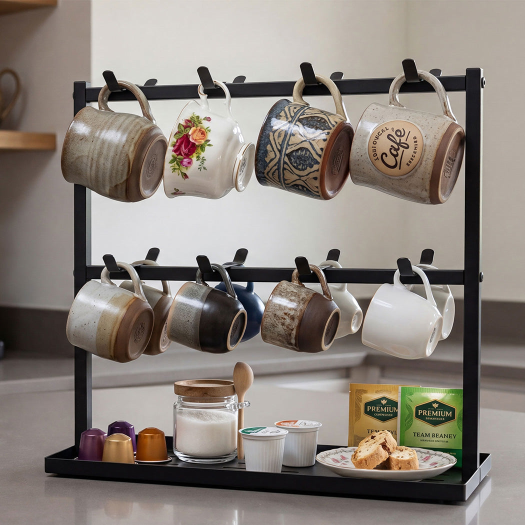 Levede Mug Rack 2 Tier 16 Hook Metal Coffee Cup Holder Stand Organizer Kitchen
