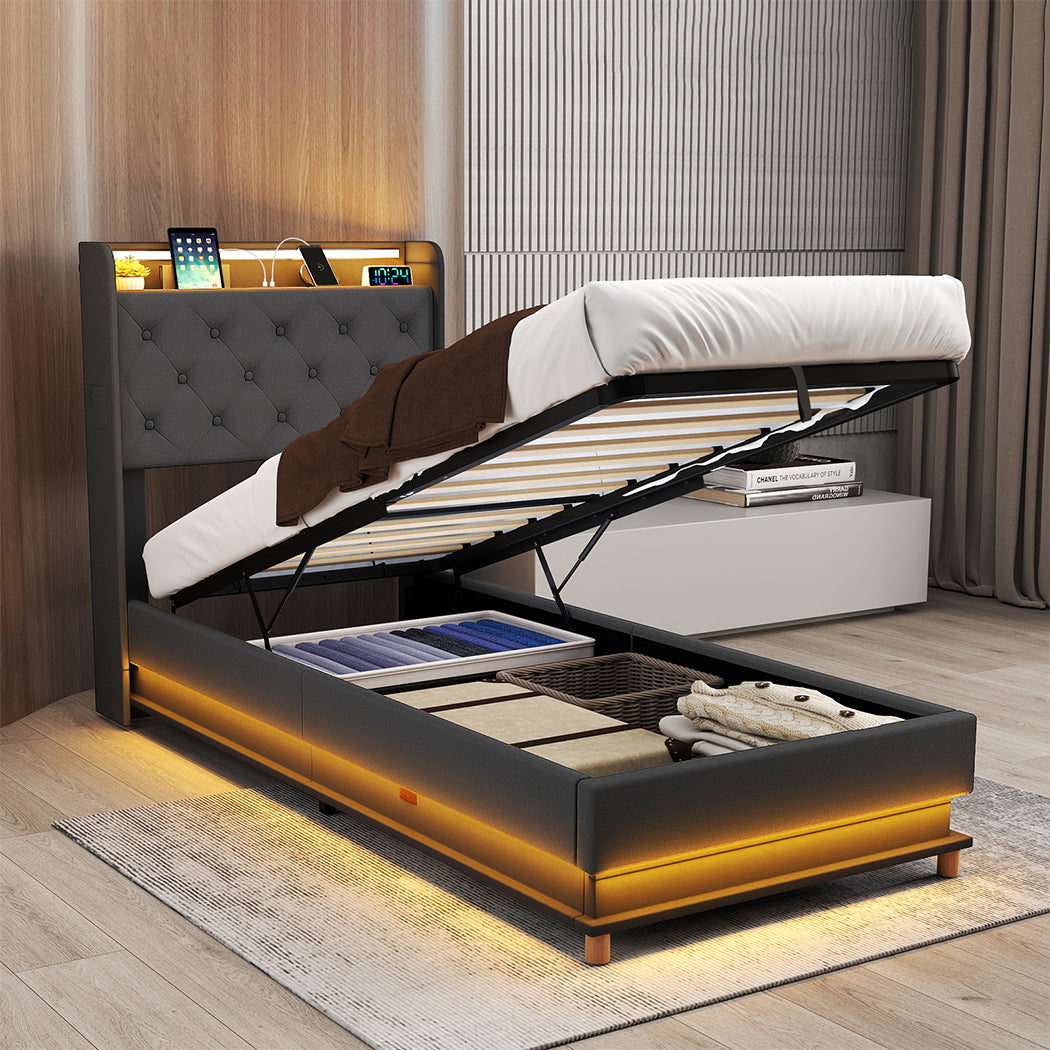 Contemporary Single Bed Frame Gas Lift Storage LED Light USB  Soft