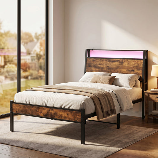 Single Bed Frame LED Lights USB Charging Storage Headboard Metal Platform