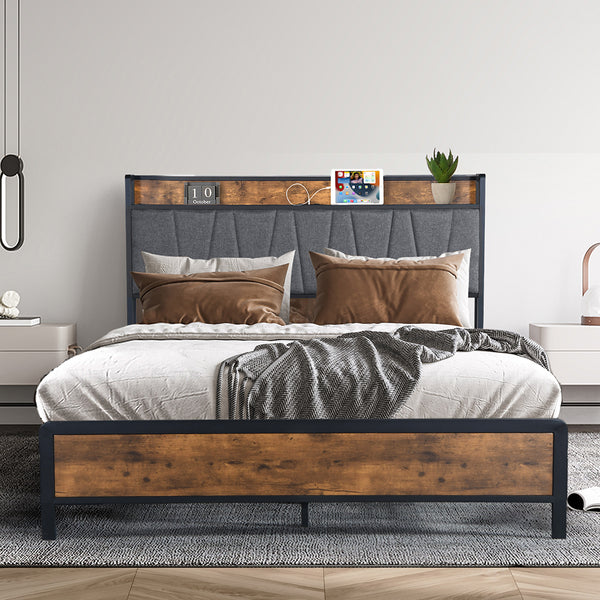  Stylish Queen Bed Frame Tufted Headboard USB Charge Sleek Modern