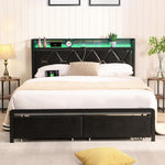 Cozy Queen Metal Bed Frame LED Lights 2 Drawers  Adjustable Height