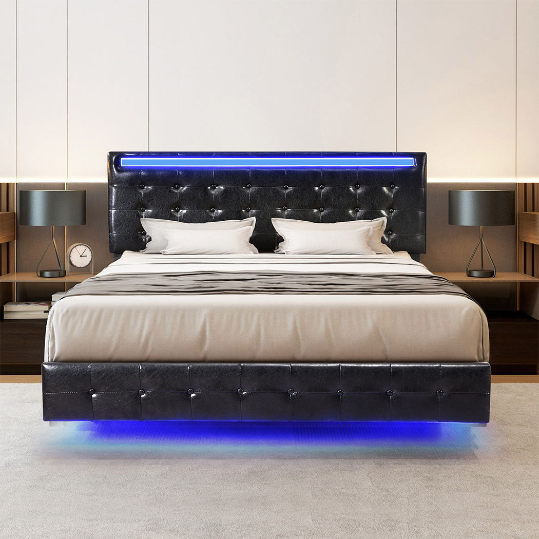 Ergonomic Floating Bed Frame Queen with Headboard LED Lights Mattress