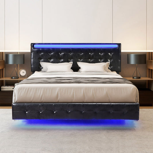 Ergonomic Floating Bed Frame Queen with Headboard LED Lights Mattress