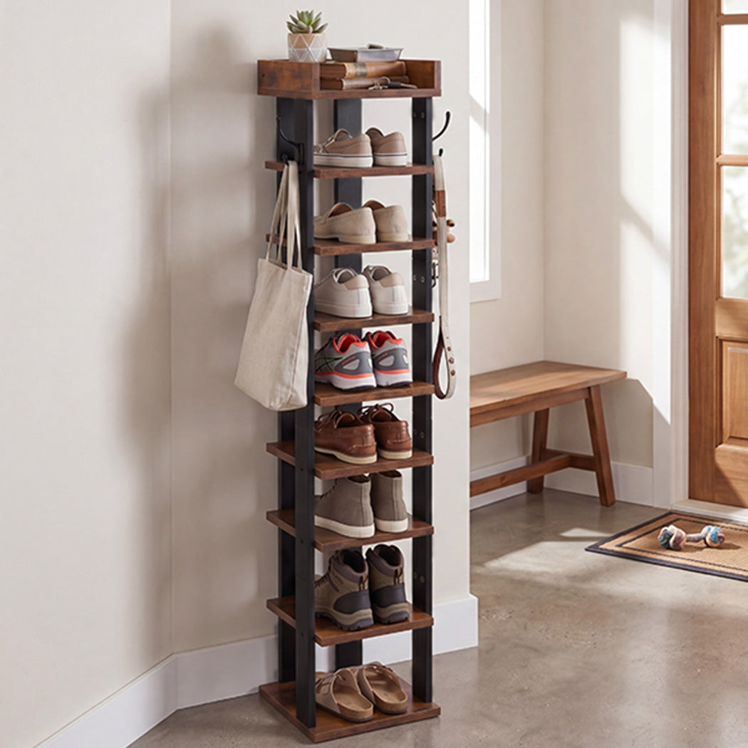 Levede Narrow Shoe Rack Vertical 9-Tier Shoe Storage Organiser Shelf Side Hooks