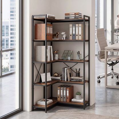 Levede Corner Bookshelf 5 Tier Bookcase L Shape Storage Shelf Display Rack Brown