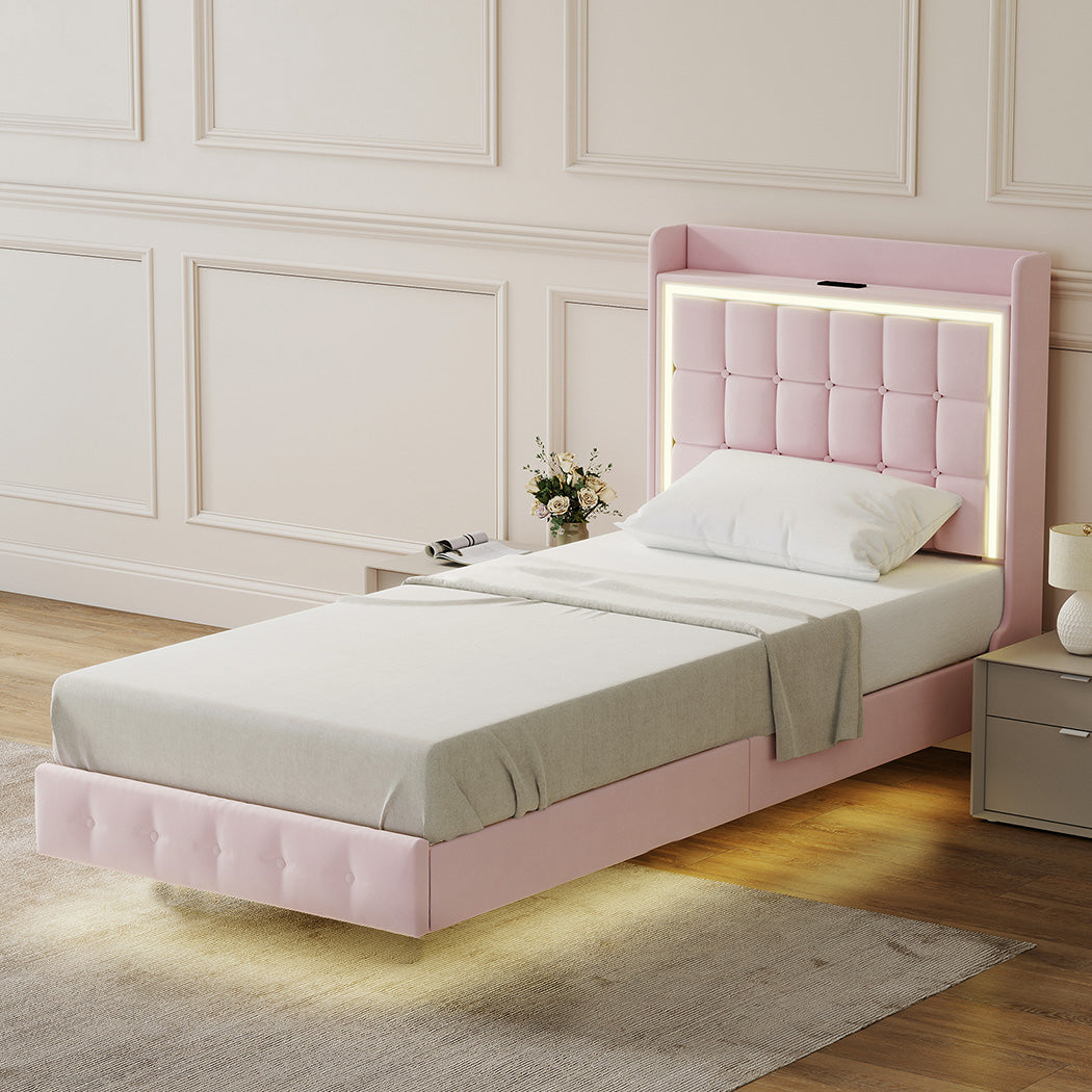 Floating Bed Frame Pink Velvet 204x92x112.5cm