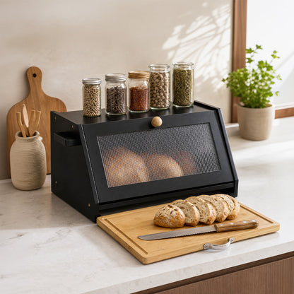 Toque Bread Box Bamboo Bread Storage Container with Cutting Board Black