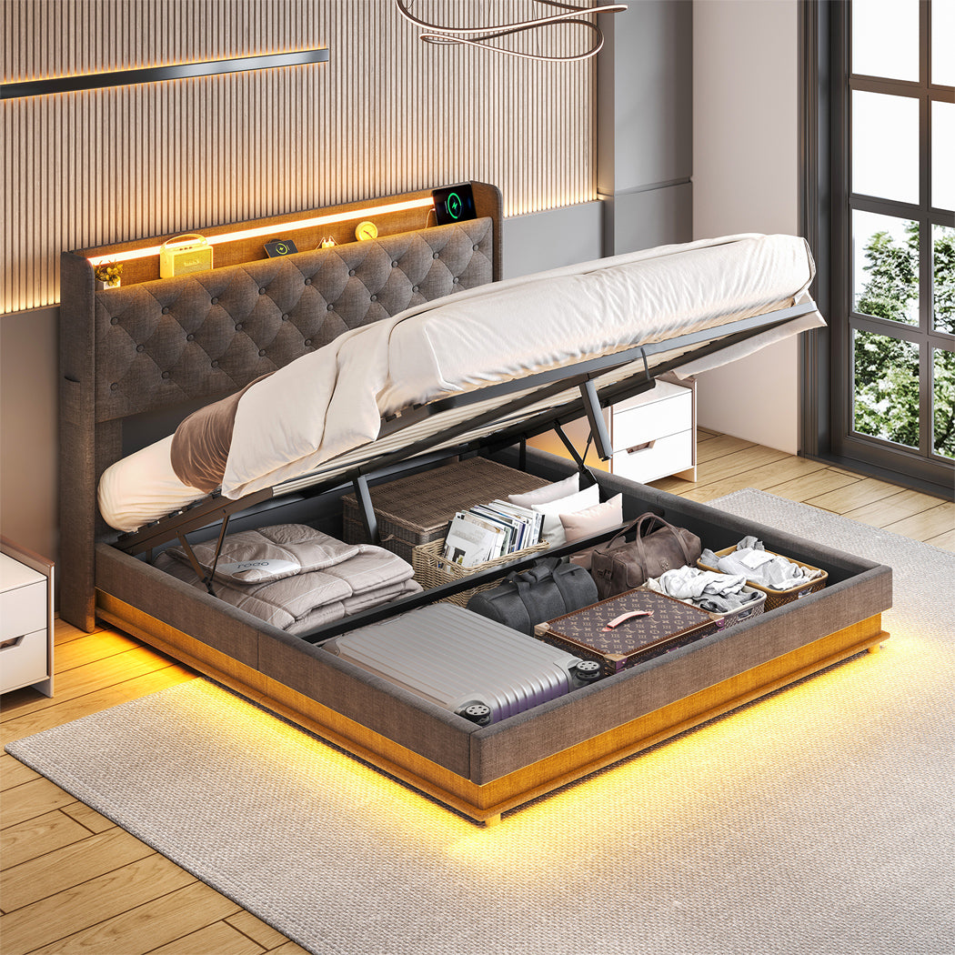 Modern Queen Bed Frame Gas Lift LED Light  Soft Cushion Classic