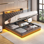 Modern Queen Bed Frame Gas Lift LED Light  Soft Cushion Classic