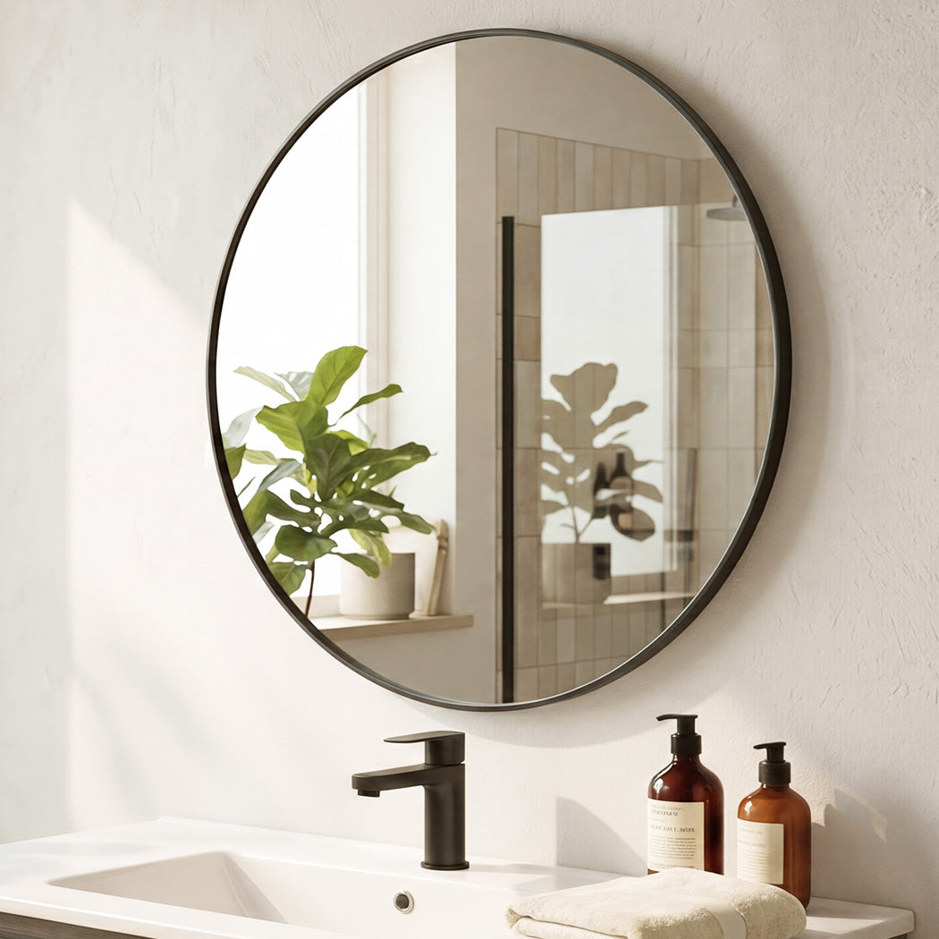 60cm Round Wall Mirror Black Frame Bathroom | HomeAndLiving