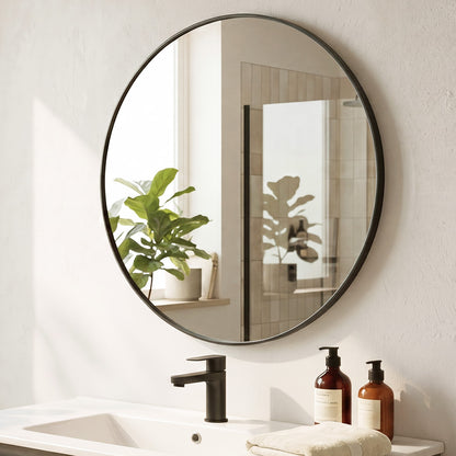 60cm Round Wall Mirror Black Frame Bathroom | HomeAndLiving