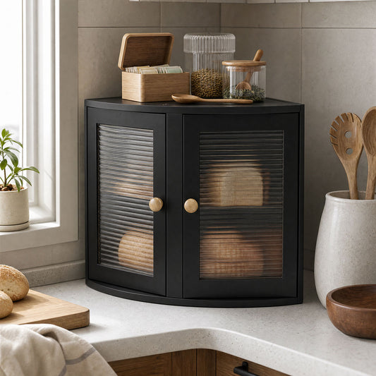 Corner Bread Box 2 Tier Bamboo Bread Bin Kitchen Countertop Storage Black