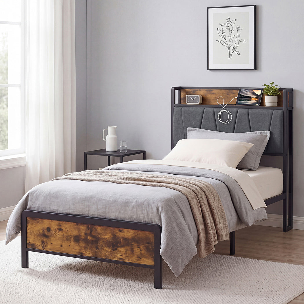 Single Bed Frame Storage Headboard 207x91.5x105cm
