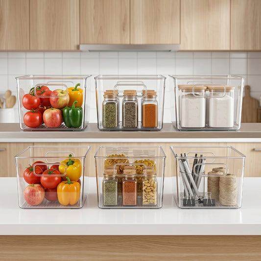 Toque Clear Plastic Storage Bins 6PCS Pantry Fridge Organizer Boxes Handles - 8
