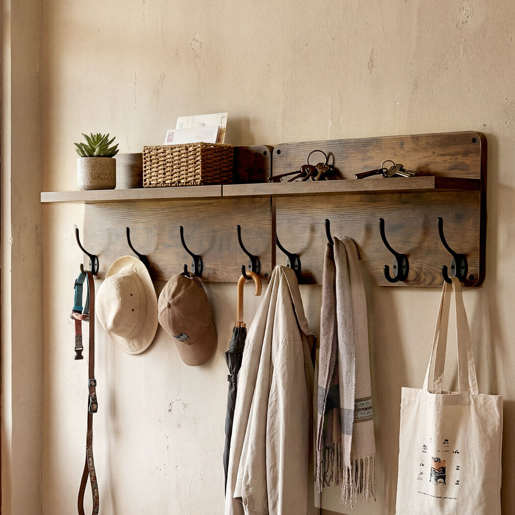 Levede Wall Mounted Coat Rack 2 Pcs Entryway Organizer Storage Rack Shelf Hooks