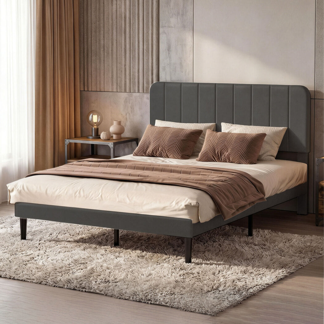 Double Bed Frame Upholstered Grey 190x139.5x113cm