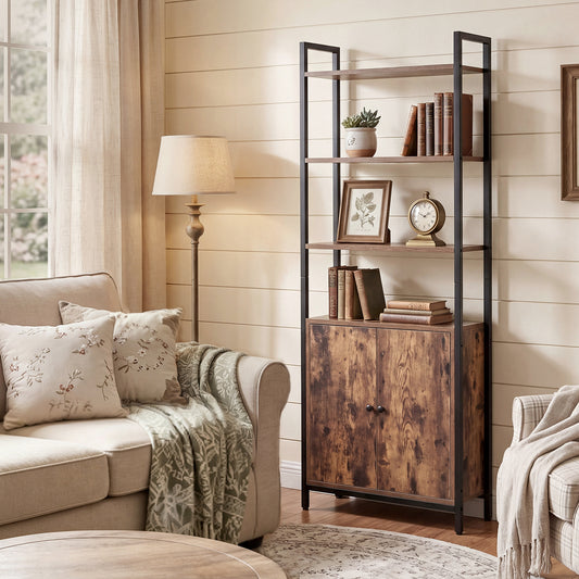 6 Tier Bookshelf Storage Cabinet Bookcase Display Adjustable Shelves Door