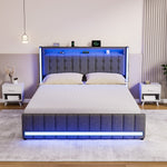 Modern King Bed Frame Fabric Storage Drawer LED USB  Soft Cushion