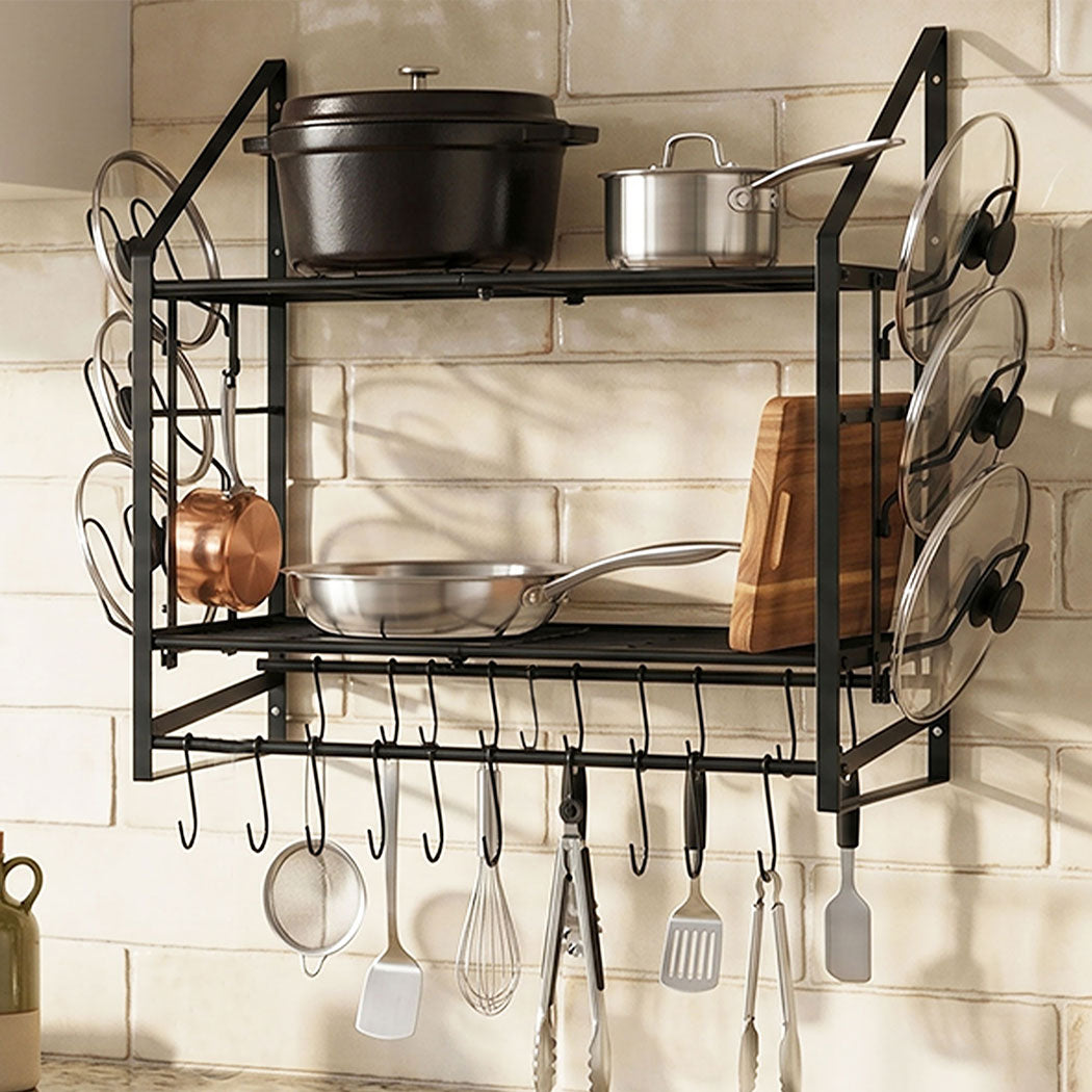 Toque Pot Rack Wall Mounted 2 Tier Hanging Cookware Organizer 20 Hooks Pan Rack