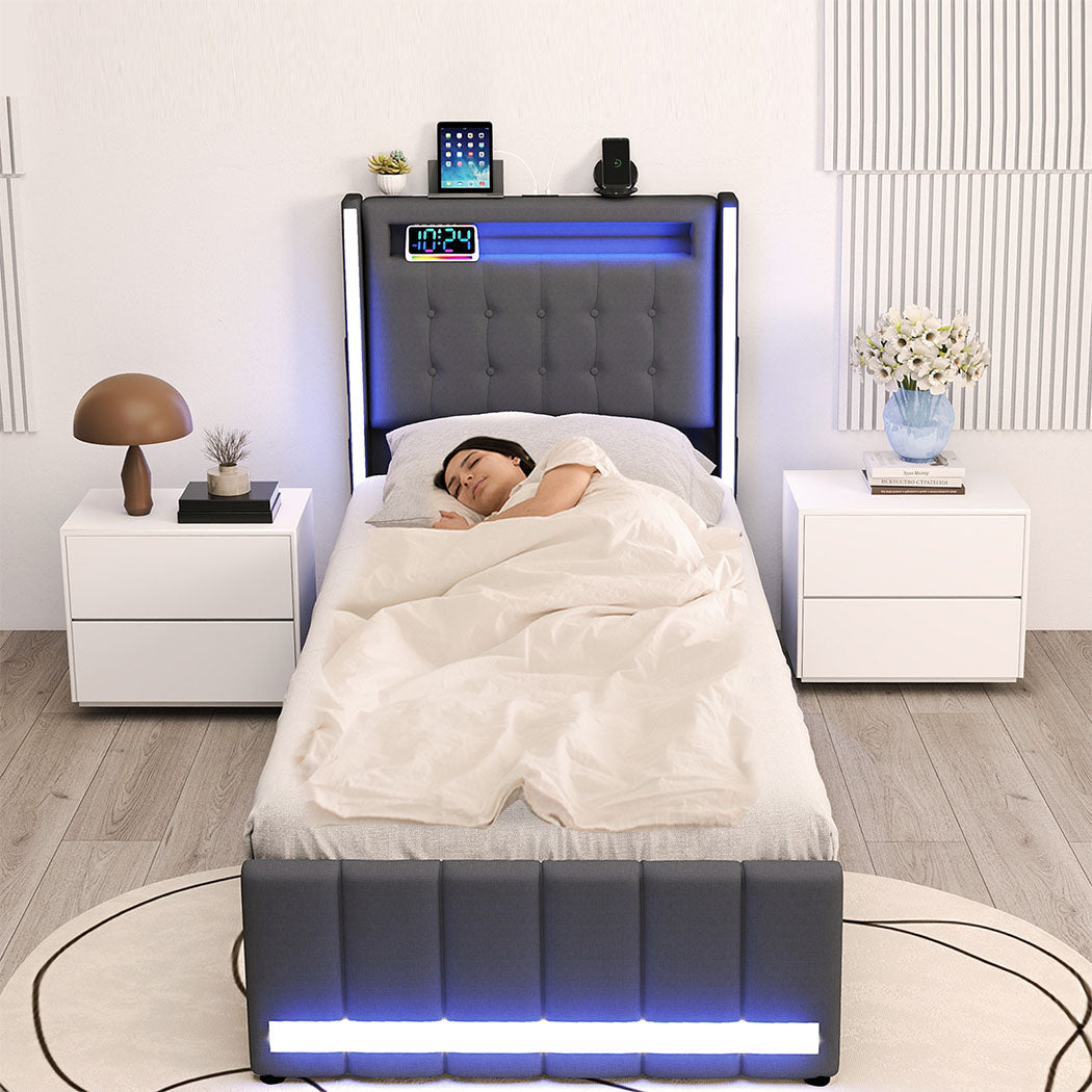 Luxury Single Bed Frame Fabric Storage Drawer LED USB  Sleek Modern
