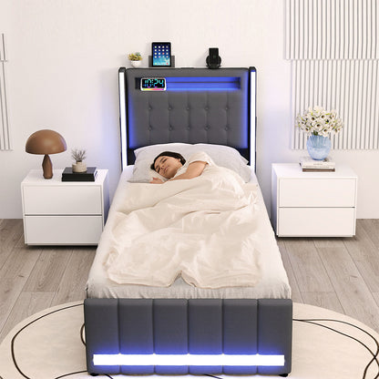 Luxury Single Bed Frame Fabric Storage Drawer LED USB  Sleek Modern