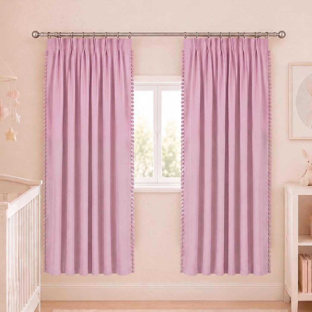 Marlow Blackout Curtains Pink 2 Panels Thermal Insulated Pom Pom 132cm x 213cm