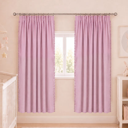 Marlow Blackout Curtains Pink 2 Panels Thermal Insulated Pom Pom 132cm x 213cm